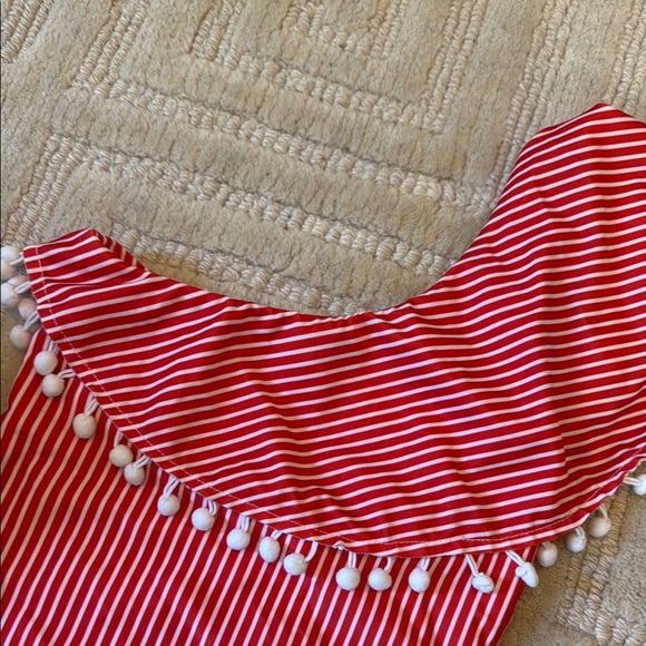 Red and White Striped Swimsuit with Pom Pom Trim - Picture 3 of 5